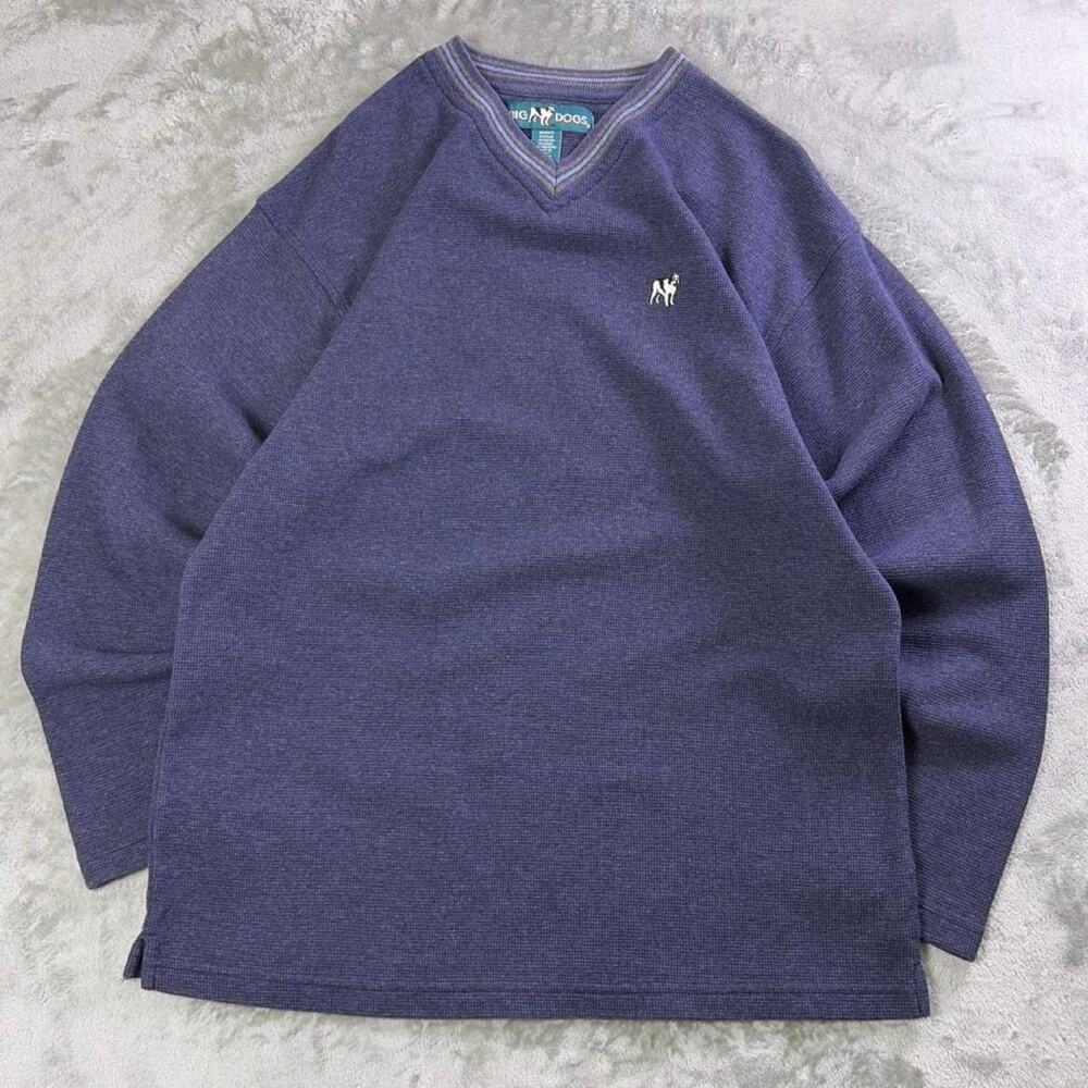Vintage Big Dog V-Neck Sweatshirt Blue Ribbed Embroidered Logo Pullover Medium